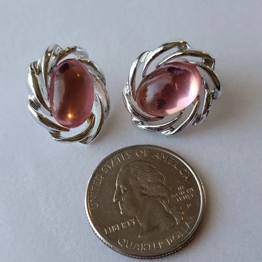 Pretty Pink Silver Tone Swirl Cabochon Flower Earrings Faux Pink Moonstone Gem
